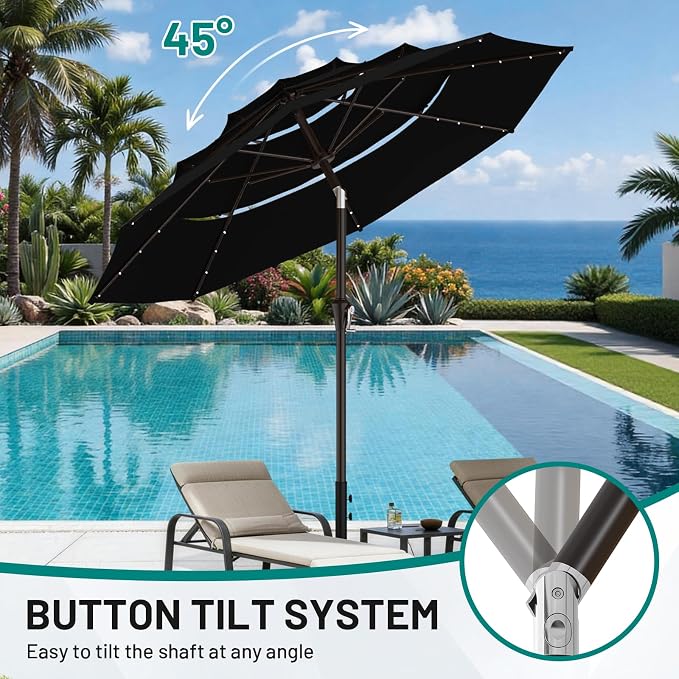 AreShark 9ft 3 Tiers Patio Umbrella with Solar Lights, Outdoor Umbrella w/ 32 LED Lights&8 Sturdy Ribs, Table Umbrella for Deck, Backyard, Pool (Black)