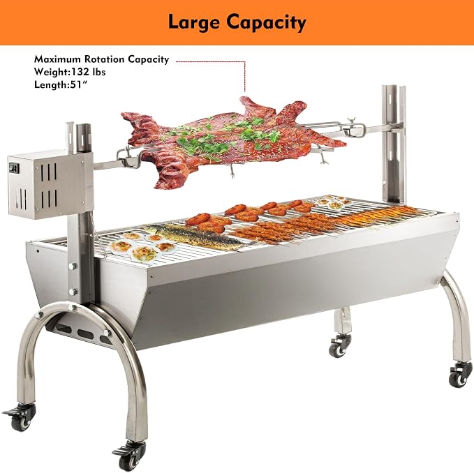 DEWOSEN 50W Rotisserie Grill With Wind Screen - 51 Inch BBQ Outdoor Pig & Lamb Spit Roaster - 132LBS/60KG Stainless Steel Charcoal Spit Rotisserie Grill for Camping & Outdoor Barbecue