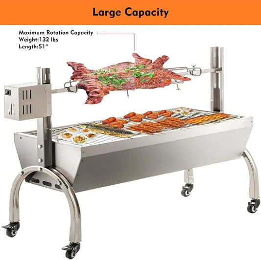 DEWOSEN 50W Rotisserie Grill With Wind Screen - 51 Inch BBQ Outdoor Pig & Lamb Spit Roaster - 132LBS/60KG Stainless Steel Charcoal Spit Rotisserie Grill for Camping & Outdoor Barbecue
