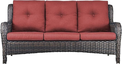 Rilyson Outdoor Patio Wicker Sofa 900Lbs Weight Capacity, Large 3 Seater Wicker Patio Couch with 4in Seat Cushions and Deep Seating, All Weather for Backyard, Garden, Poolside (Brown/Red)