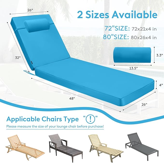 Chaise Lounge Cushion for Outdoor Furniture, Waterproof, Fade-Resistant and Tear Resistant, Patio Lounger Pads with Removable Cover for Pool, Deck, Lawn, 80x26x4 inch, Teal