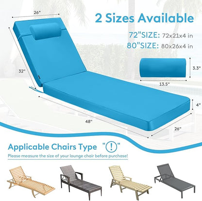 Chaise Lounge Cushion for Outdoor Furniture, Waterproof, Fade-Resistant and Tear Resistant, Patio Lounger Pads with Removable Cover for Pool, Deck, Lawn, 80x26x4 inch, Teal