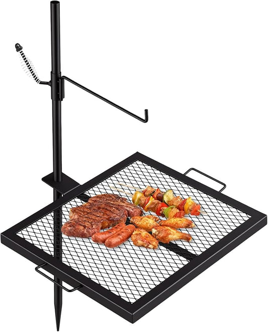 18.5"x16.4" Campfire Grill Grate, Heavy Duty Over Open Fire Cooking Grate with Adjustable Height & 360° Swivel, Portable Foldable BBQ Rack for Outdoor Camping, Tailgating & Patio