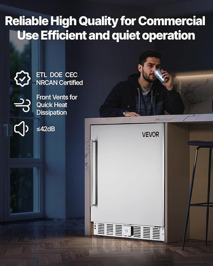 VEVOR 24-Inch Indoor/Outdoor Beverage Refrigerator, 150 QT Freestanding or Undercounter Beverage Fridge, 180 Cans Built-in Beer Fridge with Stainless Steel Body for Residential Home Bar Commercial Use