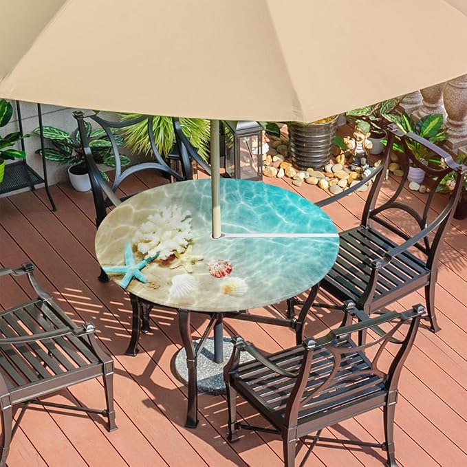 Fitted Round Tablecloth with Umbrella Hole and Zipper Starfish Coral Seashell Outdoor Elastic Table Cloth 45"-56" Oil-Proof Waterproof Summer Beach Patio Table Cover for Picnic Party