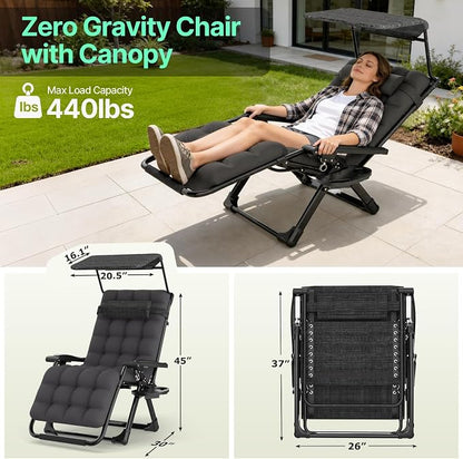 Suteck Zero Gravity Chair with Canopy, Reclining Camping Lounge Chairs | with Removable Cushion, Upgraded Lock and Cup Holder, Folding Patio Recliner for Indoor and Outdoor，90°-170° Adjust