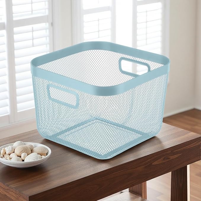 AJIODA Metal Mesh Steel Baskets, Household Wire Storage Organizer Bin Garden Harvest Basket Multi-functional Fruit Baskets with Handles for Kitchen Bathroom Picnic Shopping Decor Cabinet Home, Blue