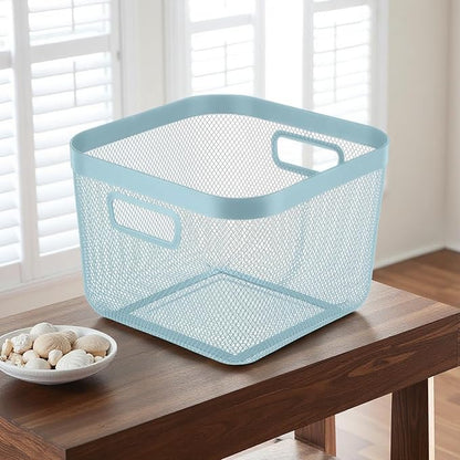 AJIODA Metal Mesh Steel Baskets, Household Wire Storage Organizer Bin Garden Harvest Basket Multi-functional Fruit Baskets with Handles for Kitchen Bathroom Picnic Shopping Decor Cabinet Home, Blue