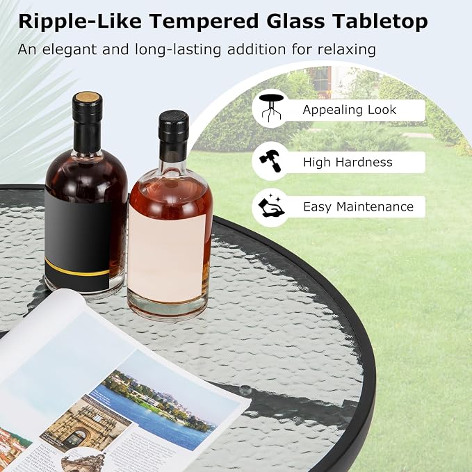 GIANTEX 27.5" Outdoor Bistro Table, Patio Round Dining Table w/Tempered Glass Tabletop & 1.57" Umbrella Hole, Heavy-Duty Metal Frame for Garden Yard Poolside Porch (27.5"x27.5"x28")