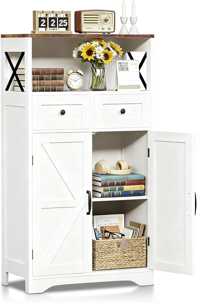 SUPER DEAL Farmhouse Storage Cabinet, Bathroom Floor Cabinet Kitchen Pantry with Doors and Drawers, Hutch Cupboard for Laundry, Living Room, Bedroom, White