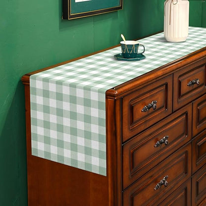 Sage Green Gingham Party Table Runner Green and White Checkered Plaid Decorations for Birthday Bridal Baby Shower Home Dining Kitchen Island Decor (13" x 48")