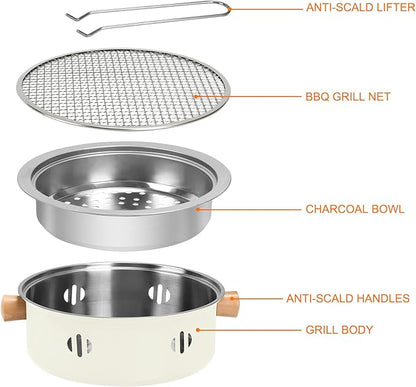 Portable Charcoal Barbecue Grill, 1pc Mini BBQ Grill Multifunctional Charcoal Grill Round Tabletop Charcoal Grill for Outdoor Cooking Home Party Picnic Camping (Beige)