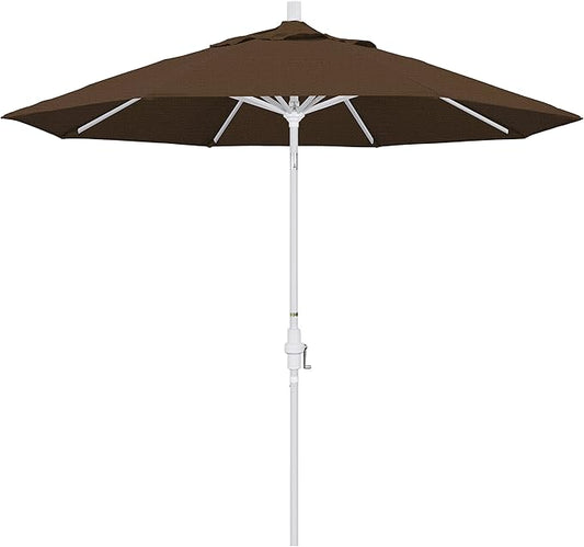 California Umbrella 9' Round Aluminum Market Umbrella, Crank Lift, Collar Tilt, White Pole, Teak Olefin