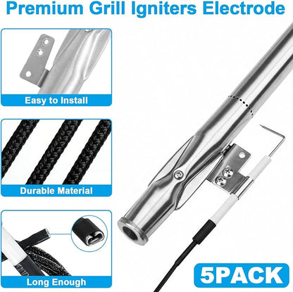 Set of 5 Grill Heat Plates and 5 Burner Tubes with Igniter Electrode Replacement Parts for Nexgrill 5 Burner 720-0888 720-0888N 720-0882S Grill Replacement Parts for Nexgrill Gas Series