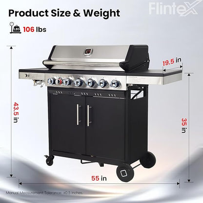 Flintex 6-Burner Propane Gas Grill with Infrared Searing Side Burner and Porcelain-Enameled Cast Iron Grates & Pan, Outdoor BBQ Grill with 53,500 BTU Output, 630 sp.in. Cooking Area, Black