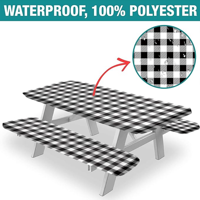 Buffalo Plaid Picnic Fitted Tablecloth and Bench Cover, 3-Piece Set, Edged Checkered Fitted Tablecloth for Outdoor Dining, Camping, RVs, Picnics, Patios Decor, 72x28 in
