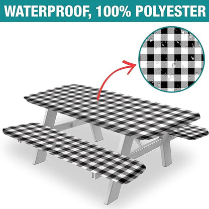 Buffalo Plaid Picnic Fitted Tablecloth and Bench Cover, 3-Piece Set, Edged Checkered Fitted Tablecloth for Outdoor Dining, Camping, RVs, Picnics, Patios Decor, 72x28 in