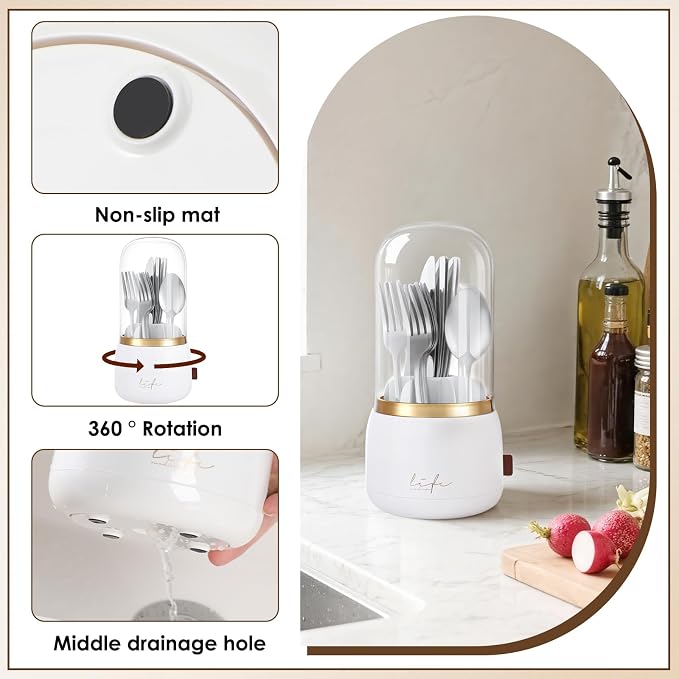 EXIN DECHEN Silverware Organizer with Lid,Cutlery Holder,White with Gold | Waterproof and Dustproof,360°Rotating,Store Knives Forks Spoons Chopsticks for Kitchen Counter,Table,Party,Outdoor Camping,Rv