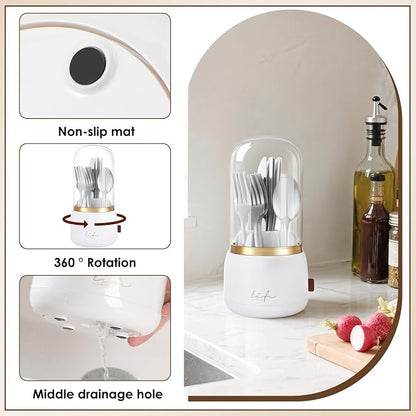 EXIN DECHEN Silverware Organizer with Lid,Cutlery Holder,White with Gold | Waterproof and Dustproof,360°Rotating,Store Knives Forks Spoons Chopsticks for Kitchen Counter,Table,Party,Outdoor Camping,Rv