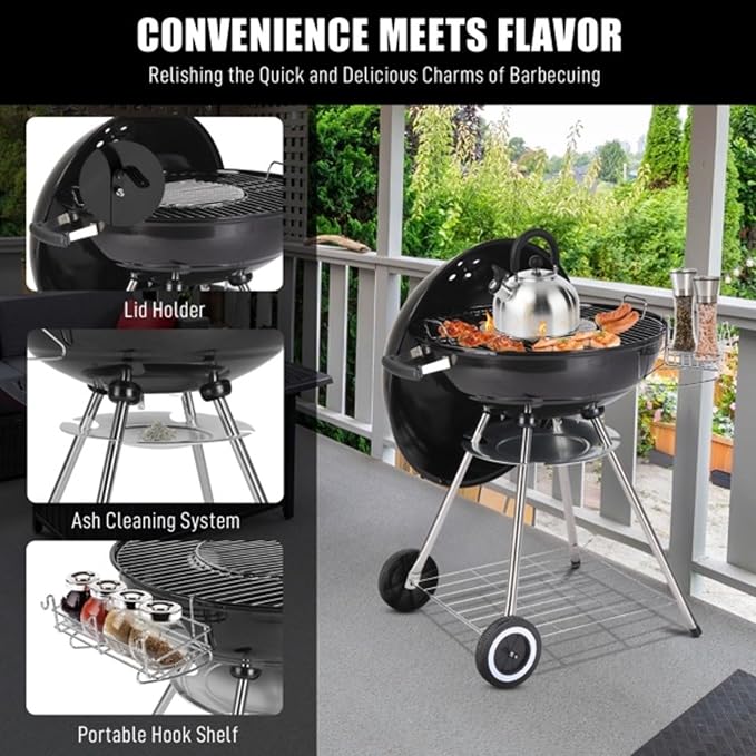 28 Inch Portable Charcoal Grill with Wheels - Porcelain Enameled Kettle BBQ with Lid, Thermometer, Ash Catcher, Storage Rack for Outdoor Backyard Camping Tailgate - Black