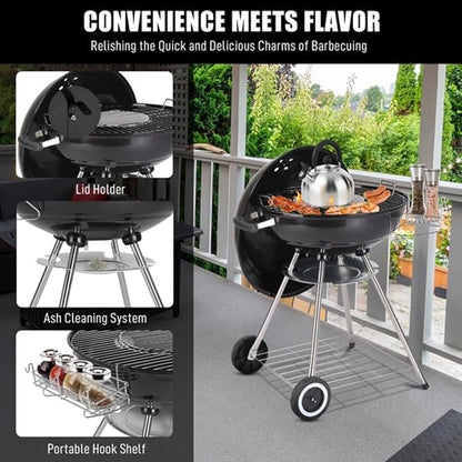 28 Inch Portable Charcoal Grill with Wheels - Porcelain Enameled Kettle BBQ with Lid, Thermometer, Ash Catcher, Storage Rack for Outdoor Backyard Camping Tailgate - Black