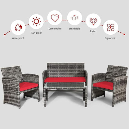 Tangkula 4 PCS Wicker Patio Conversation Set, Outdoor Rattan Sofas with Table Set, Patio Furniture Set with Soft Cushions & Tempered Glass Coffee Table for Poolside Balcony