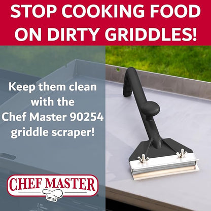 Chef Master Griddle Scraper Cleaning Kit Combo - Flat Top Grill Cleaner w/Replacement Blade & Scrubber - Griddle Cleaning Kit - Long Handle, Stainless Steel Flat Grill Scraper - 90254