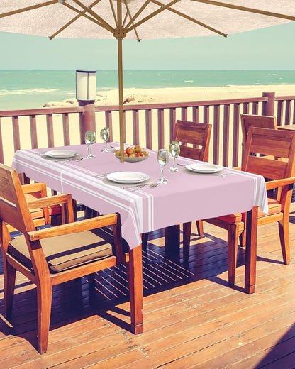 QueenKer Outdoor Tablecloth with Umbrella Hole, Farmhouse Pink White Stripe Rectangle Tables Waterproof Tabletop Collection for Patio, Garden, Picnic, Camping, Dining 60 x 84 inch