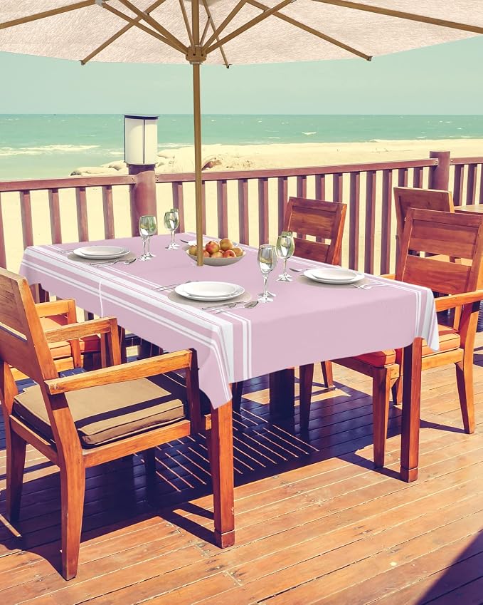 QueenKer Outdoor Tablecloth with Umbrella Hole, Farmhouse Pink White Stripe Rectangle Tables Waterproof Tabletop Collection for Patio, Garden, Picnic, Camping, Dining 60 x 102 inch