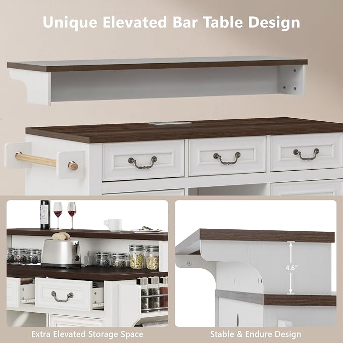 Merax 53.2" Two-Tier Kitchen Island with Storage, Farmhouse Kitchen Island with Power Outlet, 4 Door Shelves, Adjustable Shelves, 3 Drawers, Rolling Island Table, Bar Cabinet for Kitchen, Rustic White