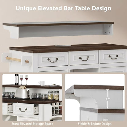 Merax 53.2" Two-Tier Kitchen Island with Storage, Farmhouse Kitchen Island with Power Outlet, 4 Door Shelves, Adjustable Shelves, 3 Drawers, Rolling Island Table, Bar Cabinet for Kitchen, Rustic White