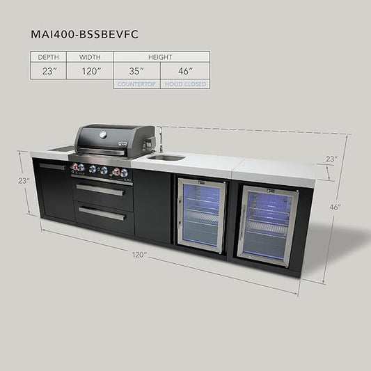 Mont Alpi Premium 120"W x 23"D Stainless Steel Modular Outdoor Kitchen Island + 2 Refrigerators + Beverage Center Faucet & Sink + 32"W 4-Burner BBQ Gas Grill + Granite Countertops + Storage + Cover