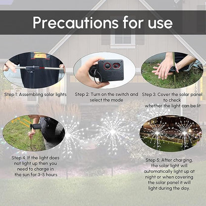 Christmas Solar Garden Firework Lights Outdoor Waterproof, 6 Pack Solar Powered Art Stake Twinkle Lighting for Outside Decor, 120 LED Sparklers String Lights for Yard Pathway Decorations (White)