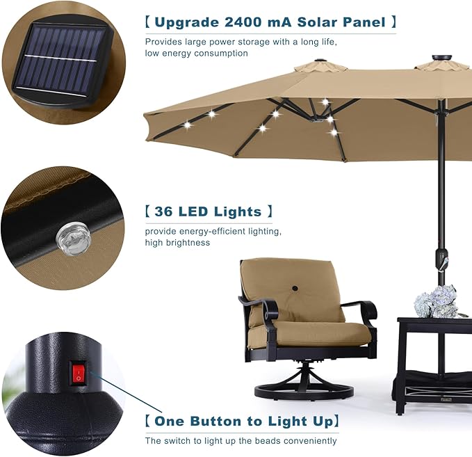 ABCCANOPY 15FT Solar LED Double-Sided Umbrella with Base, Khaki | Rectangular Outdoor Table Umbrella with Crank, Heavy Duty Market Umbrella Shade for Garden,Poolside, Lawn, Backyard