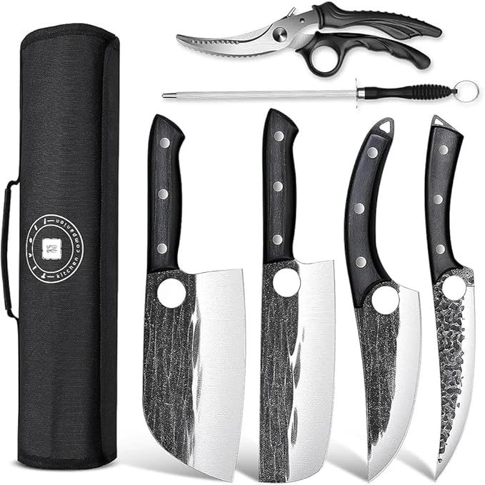 TIVOLI Professional Butcher Knife Set for Meat Processing, 7Pcs High Carbon Steel Hand Forged BBQ Knife Sets, Serbian Chef Knife Set with Ergonomic Handle for Kitchen Outdoor Cooking Gifts