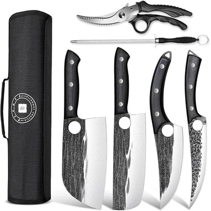 TIVOLI Professional Butcher Knife Set for Meat Processing, 7Pcs High Carbon Steel Hand Forged BBQ Knife Sets, Serbian Chef Knife Set with Ergonomic Handle for Kitchen Outdoor Cooking Gifts