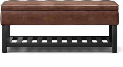 SIMPLIHOME Cosmopolitan Storage Ottoman Bench - 44 inch Wide Upholstered Vegan Leather Rectangle Storage Ottoman in Distressed Saddle Brown, Transitional Bench for Bedroom with Tufted Lift-Top