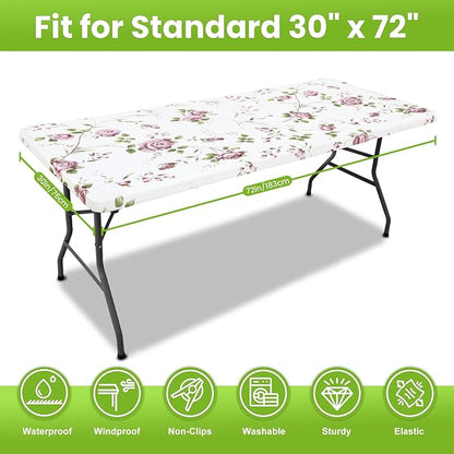 Smiry Spandex Fitted Tablecloth for 6 Foot Rectangle Tables, Washable Picnic Table Cover with Elastic, Stretch Reusable Table Cloth for Outdoor, Camping, Dining & Kitchen (Flowers, 30"x72")
