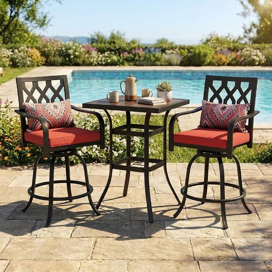 DWVO Metal Outdoor Bar Stools Set of 12, Heavy-Duty Bar Height Outdoor Chairs 352 Lbs Capacity, All-Weather E-Coated Swivel Barstools with Red Cushion & Pillow for Patio Deck Balcony
