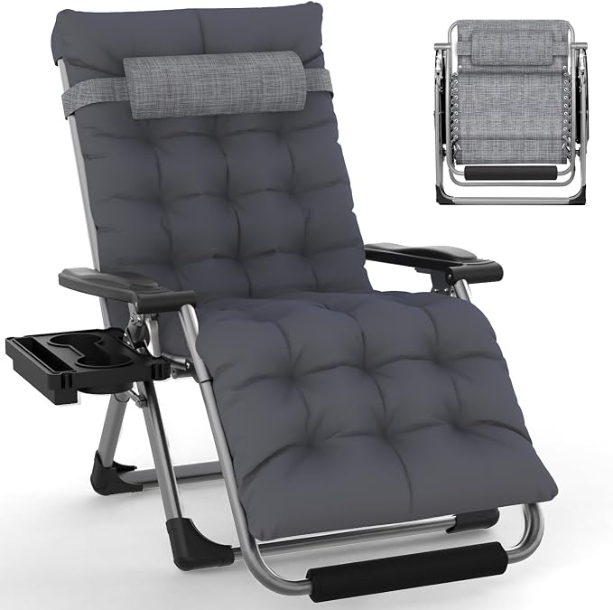 Slendor Oversized Zero Gravity Chairs XL, 29in Recliner Chair, Dark Grey | Reclining Lounge Chair, Folding Anti Gravity Chairs w/Aluminum Alloy Lock, Removable Cushion&Headrest, 440lbs, for Lawn Patio