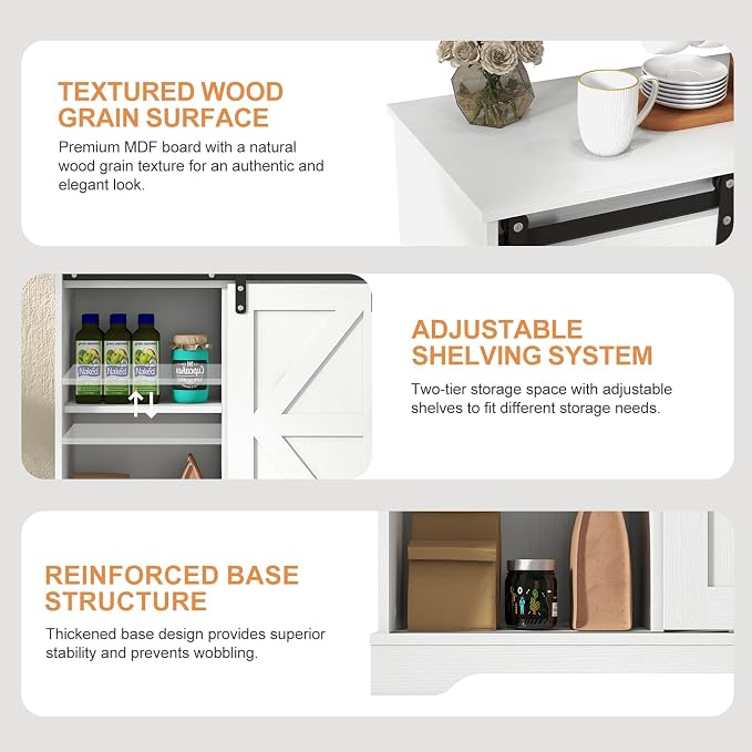 Panana Sliding Barn Door Buffet Sideboard Storage Cabinet Coffee Bar Kitchen Farmhouse Style (White)