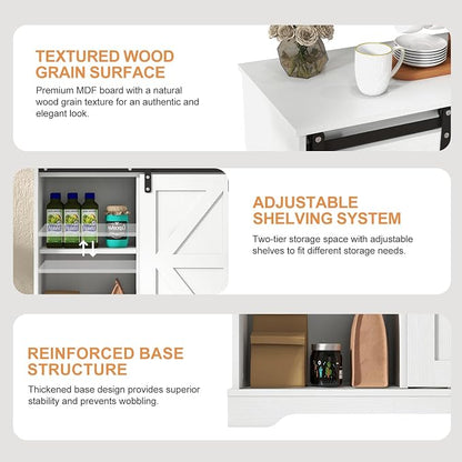 Panana Sliding Barn Door Buffet Sideboard Storage Cabinet Coffee Bar Kitchen Farmhouse Style (White)