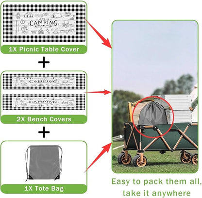JAWO Black White Buffalo Plaid Picnic Table Cover with Bench Covers, Camper RV Essentials Gear Supplies Outdoor Waterproof Windproof Tablecloth with Elastic, 30X72in