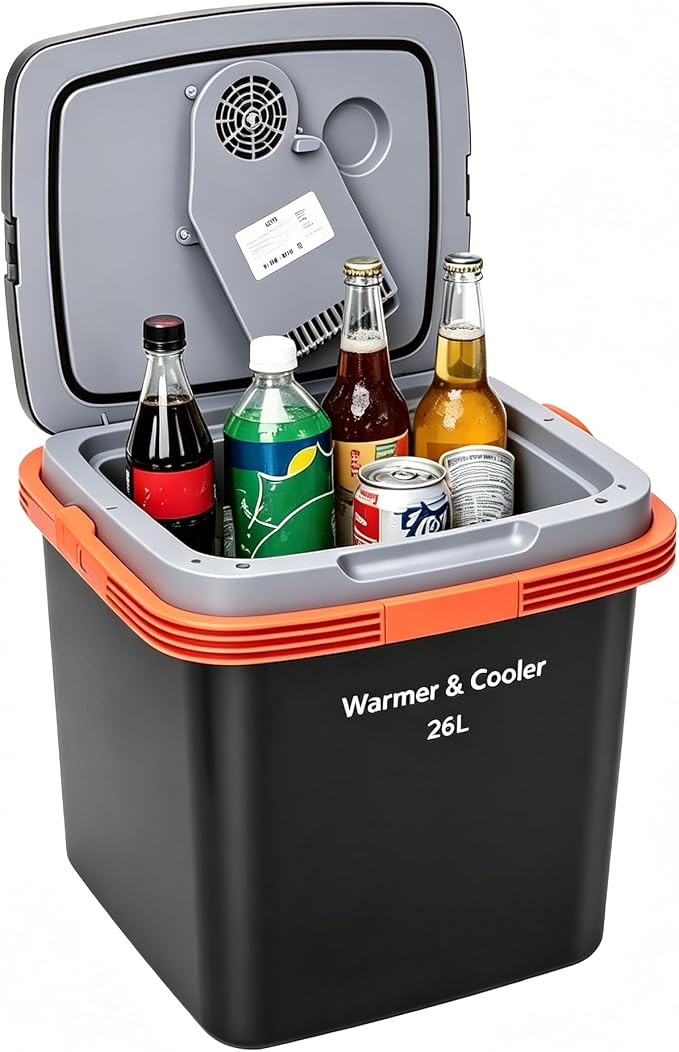 Garvee 26 L Electric Cooler & Warmer, Portable Car Refrigerator with Auto-Lock Handle, 12V DC for Cars & Trucks, Equipped with 110V AC Household Power Cord, Plug-in Cooling Fridge, Black&Orange