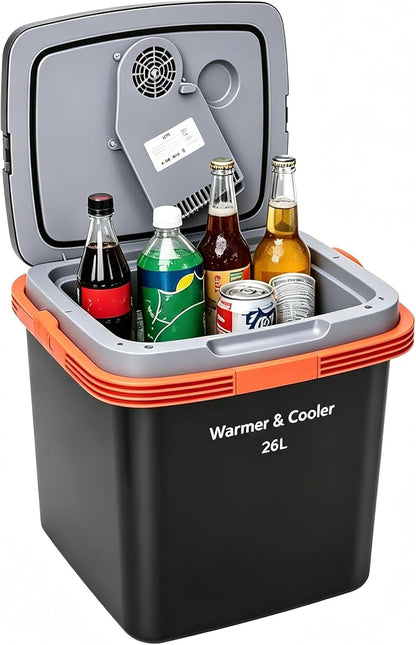 Garvee 26 L Electric Cooler & Warmer, Portable Car Refrigerator with Auto-Lock Handle, 12V DC for Cars & Trucks, Equipped with 110V AC Household Power Cord, Plug-in Cooling Fridge, Black&Orange
