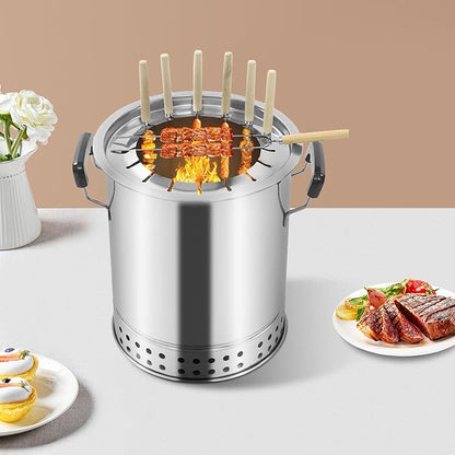 Portable Smokeless Barbecue Charcoal Barrel Grill, Stainless Steel Surround Charcoal Kebab Grill with 16 Skewers for Picnics, Camping, BBQ, 10.2 x 11.8in