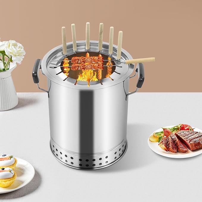 Stainless Steel Barbecue Barrel, Compact BBQ Charcoal Grill, Portable Barbecue Charcoal Barrel with 16 Skewers and Oil Drip Pan for Picnics Camping Traveling Parties BBQs, 10"D x 12"H