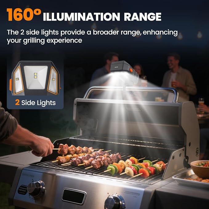 Grill Light BBQ Light for Blackstone and Weber Grill, Auto On and Off | 160° beam, 2 brightness levels, 4000mAh, USB-C Charge, IP54 Waterproof, Grilling Accessories Grill Gifts for Men Dad Husband
