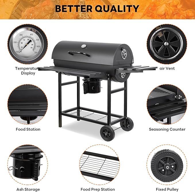 Charcoal Grill: Charcoal Barrel Grill - Large Portable Outdoor Grill with Double Wheel Design, Suitable for Outdoor, Backyard, and Camping Use (Larger)