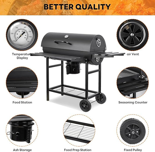 Charcoal Grill: Charcoal Barrel Grill - Large Portable Outdoor Grill with Double Wheel Design, Suitable for Outdoor, Backyard, and Camping Use (Larger)